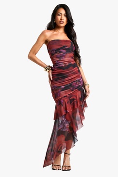 Bandeau Floral Mesh Ruffle Hem Mini Dress