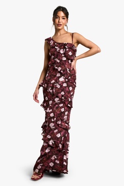 Floral One Shoulder Ruffle Maxi Dress