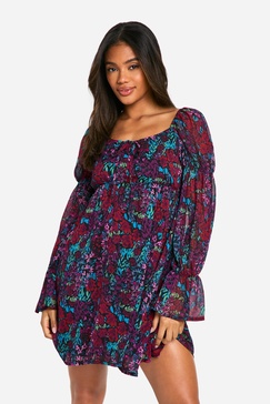Floral Crinkle Chiffon Long Sleeve Smock Dress