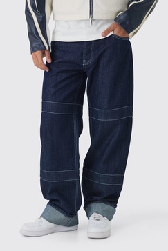 Relaxed Rigid Indigo Contrast Embroidered Strap Cuffed Jeans
