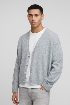 Oversized Boxy Drop Shoulder Fluffy Knitted Cardigan
