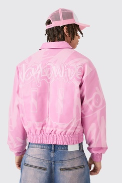 Boxy BM Printed Collared Bomber Jacket In Pink