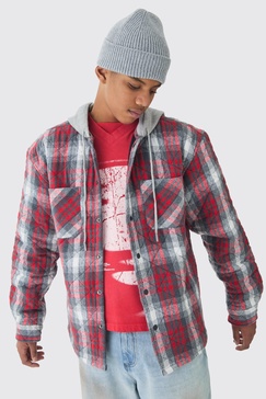 Tall Back Print Jersey Hood Padded PlaidShirt Jacket