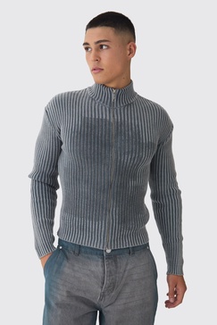 Muscle Fit Acid Wash Knit Zip Through Sweater
