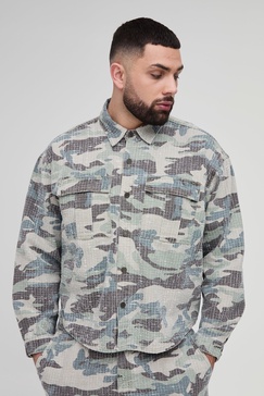 Plus Textured Camo Cargo Denim Overshirt