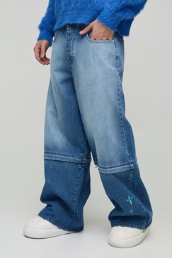 Extreme Baggy Rigid Zip Off Leg Cross Embroidery Denim Jeans