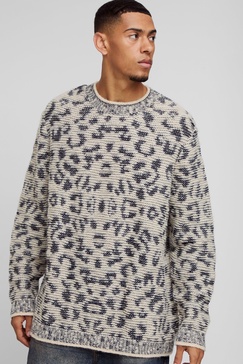 Oversized Jacquard Leopard Print Brushed Knitted Sweater