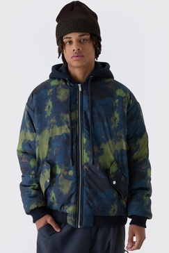 Oversized Abstract Print Hooded Bomber Jacket In Navy