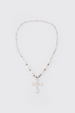 Pearl Cross Necklace In Silver
