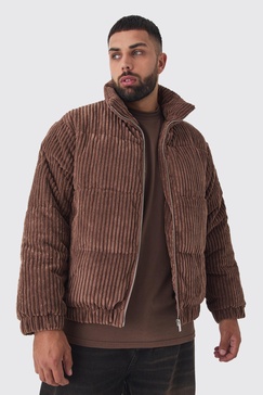 Plus Jumbo Cord Funnel Neck Puffer Jacket In Black