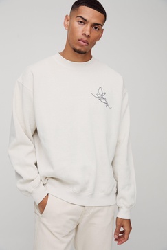 Oversized Line Drawing Bird Graphic Washed Sweatshirt