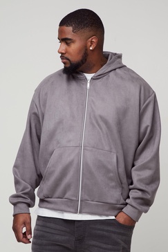 Plus Oversized Boxy Zip Thru Faux Suede Hoodie