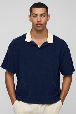 Boxy Contrast Collar Towelling V Neck Polo