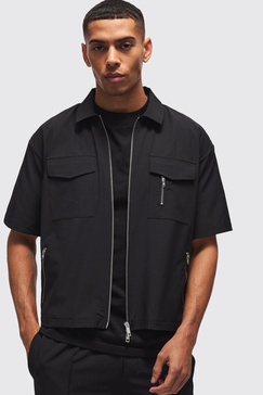 Technical Stretch Oversized Boxy Zip Through Pocket Detail Shirt