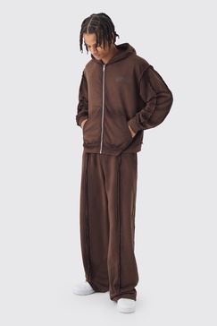 Oversized Boxy Zip Through Loopback Hoodie And Wide Sweatpants Tracksuit