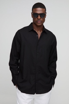 Super Oversized Long Sleeve Collared Linen Blend Shirt