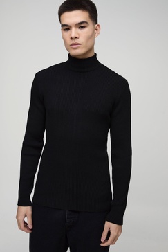 Muscle Fit Ribbed Knit Roll Neck Sweater In Black