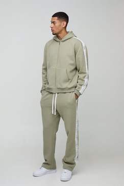 Oversized Boxy Cross Side Tape Zip Through Hooded Tracksuit