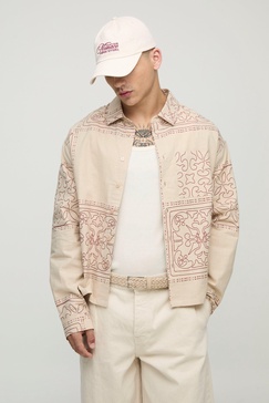 Oversized Boxy Linen Look Printed Collared Shirt