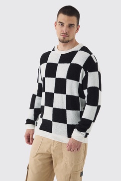 Tall Boucle Knit Checkered Crew Neck Sweater