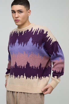 Oversized Boxy Dropped Shoulder Brushed Abstract Knitted Sweater