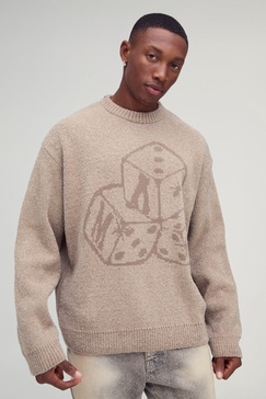 Oversized Boxy Dice Graphic Brushed Knitted Sweater