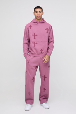 Regular Cross Print Hooded Tracksuit