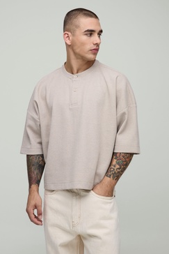 Oversized Boxy Cropped Waffle Button Neck T-Shirt