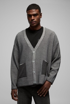 Oversized Boxy Dropped Shoulder Ribbed Contrast Knitted Cardigan