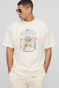 Ecru Oversized Extended Neck Mykonos Paradise Island Graphic T Shirt