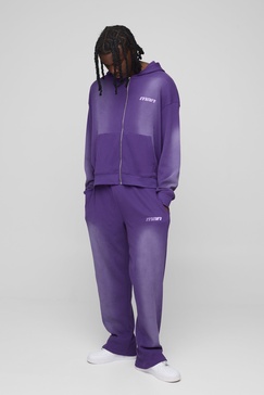 Oversized Boxy Man Washed Waffle Hooded Zip Tracksuit