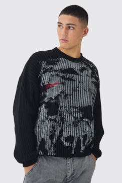 Relaxed Dropped Shoulder Graphic Print Knitted Sweater