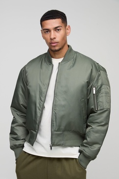 Oversized Boxy Curved Hem Nylon Bomber Jacket