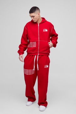 Oversized Boxy Contrast Stitch Printed Zip Through Hooded Tracksuit