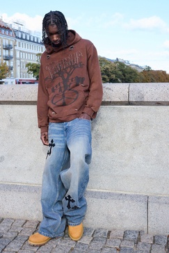 Baggy Rigid Cross Embroidered Jeans