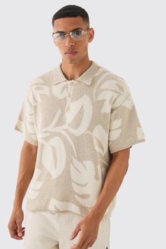 Oversized Boxy Tonal Jacquard Floral Knit Polo