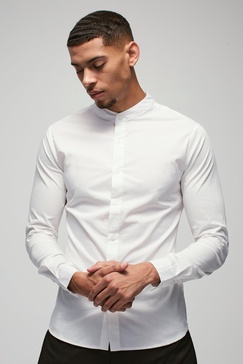 Long Sleeve Grandad Collar Stretch Fit Shirt