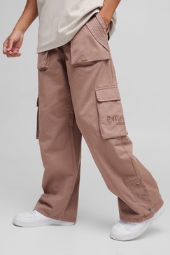 Elasticated Waist Baggy Brushed Twill Embroidery Cargo Pants