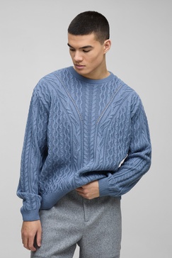 Boxy Fit Cable Knit Crew Neck Sweater