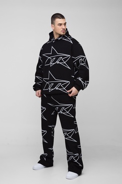 Tall Oversized Star All Over Printed Gusset Flare Hooded Tracksuit
