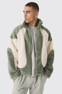 Colour Block Borg Jacket In Sage
