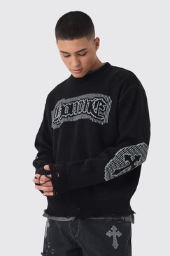 Oversized Crew Neck Homme Distressed Cross Knitted Sweater