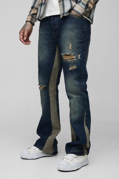 Tall Slim Rigid Flare Distressed Gusset Panel Acid Washed Jeans