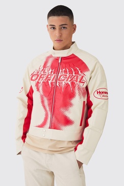 Boxy Official Printed PU Moto Jacket In Ecru