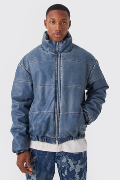 Funnel Neck Boxy Denim Look Pu Puffer