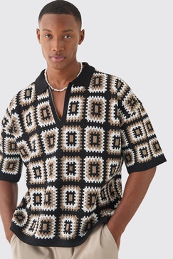 Oversized Boxy Crochet Knit Polo In Black