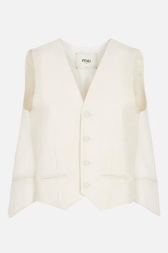 Cream Tricotin Wool and Cupro Jacket with V-Neck