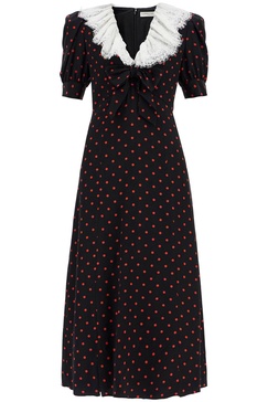 Polka-dot lace-trimmed silk midi dress