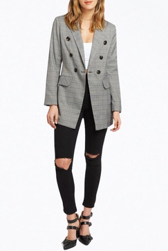 double-breasted prince of wales checked woven blazer in charcoal/blue