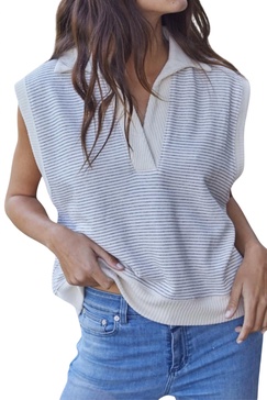 knit striped collar pullover vest in black/cream